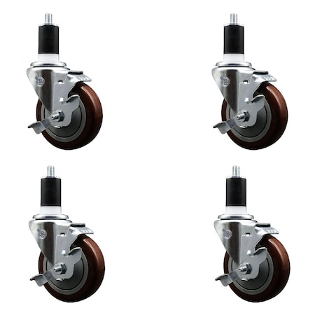 Service Caster 4'' Maroon Poly Swivel 1-1/2'' Expanding Stem Caster Set with Brake, 4PK SCC-EX20S414-PPUB-MRN-TLB-112-4